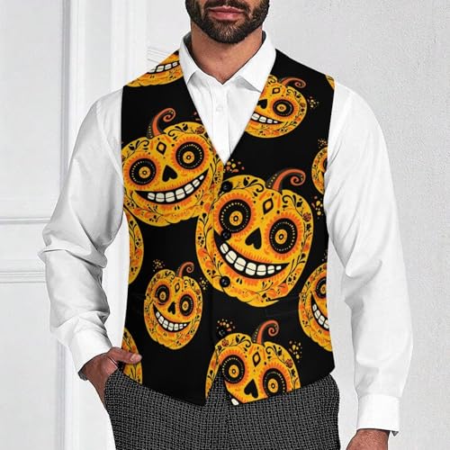 Mexico Dia De Los Muertos Pumpkin Men's Formal Suit Vest for Business Formal Or Casual Dress Waistcoat Wedding2