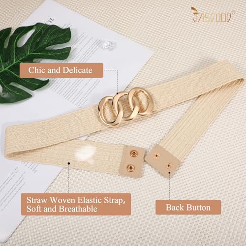JASGOOD Wide Straw Woven Stretchy Belt for Women Boho Braided Elastic Dress Waist Belt for Ladies,Beige3