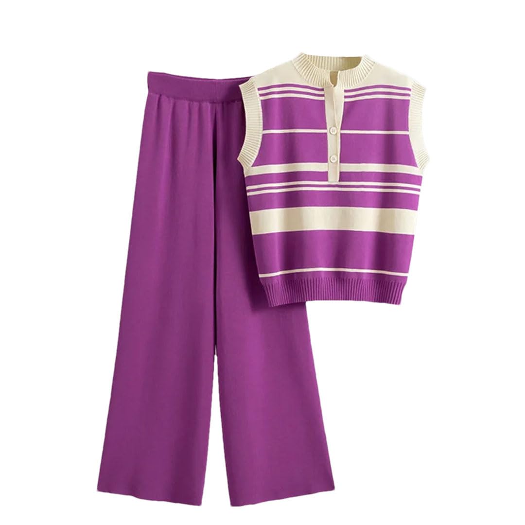 Ensemble de t-shirts en tricot rayé sans manches pour femme - Pull d'été en soie glacée - Débardeurs baggy - Taille haute - Pantalon large - Survêtement