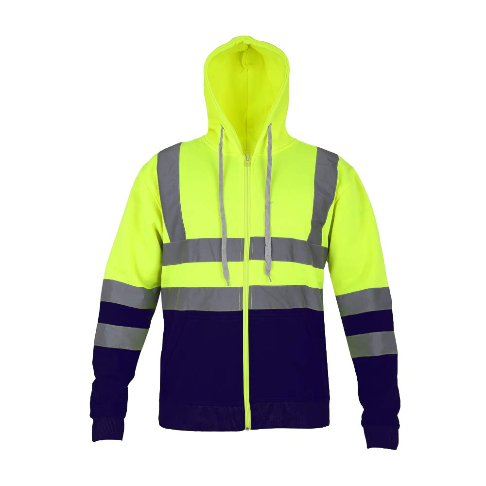 AK Garments Hi Vis Zip Hooded Sweatshirt High Visibility Reflective Tape Band Work Fleece Safety Hoodie Sweat Shirts Jacket Warm Security Workwear Work Wear Jumper Tops (L, Yellow-Navy)