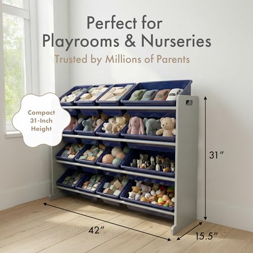 Image of Humble Crew Toy Storage Organizer with 16 Removable Storage Bins for Kids Playroom, 4-Tier Toddler Toy Organization, Grey /Navy