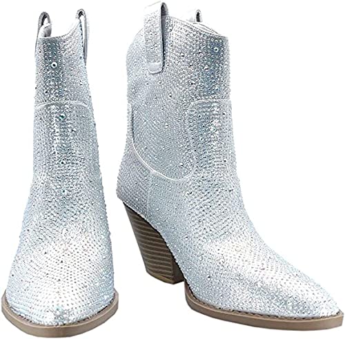 Forever Women's Rhinestone Block Heel Ankle Boots River-01 By Forever Silver 9 #TOP6