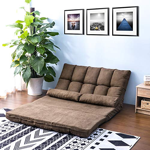 Tmeosk Double Chaise Lounge Sofa With 2 Pillows, 5-Position Reclining Folding Lazy Sofa Sleeper Bed Futon Bed Sofa Couches For Boys|Girls|Teens|Adults |Bedroom|Living Room|Balcony (Brown) #TOP2