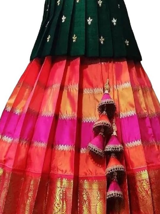 Image of Wommaniya Impex New south Indian traditional pattu pavadai Jecquard Lehenga choli for girls dress