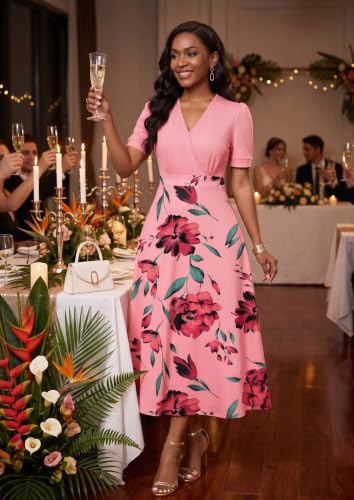 Image of MarryUP Women's Midi Dresses - V Neck Cocktail & Church Tea Dresses - Short Sleeve A-Line Swing Dress