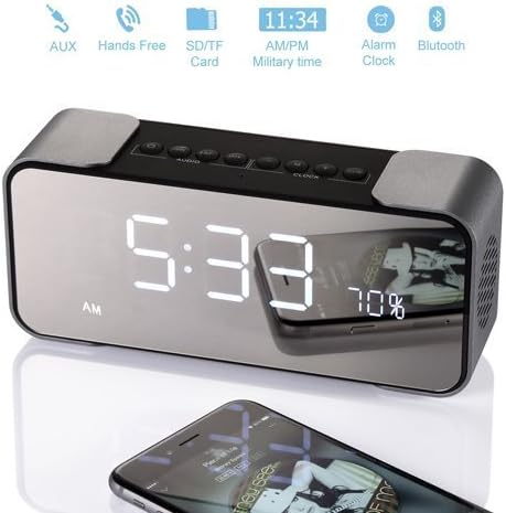 Bedside Alarm Clock with Bluetooth Speaker, Wireless Stereo Sound Speaker Built-in Micro SD Card, LED Nightstand Clock and Large Mirror LED Dimmable Display