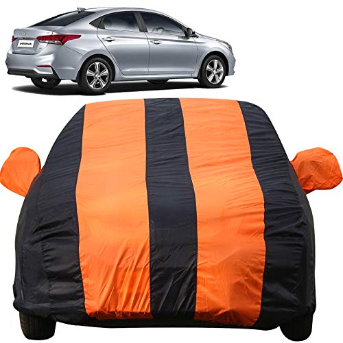 Image of Autofact Car Body Cover for Nex Gen Verna 2017 /2018 (Mirror Pocket, Premium Orange /Blue Color Fabric, Triple Stitched, Fully Elastic)