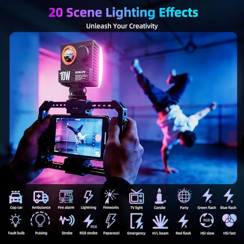 Image of Mobilife RGB LED Video Light 1200 Lux Ultra-Bright Camera Light with LCD Display,1800K-9000K, 20 Lighting Effects, Portable Fill Light with Clip & Soft Diffuser for Photography,Vlogging,Live Streaming