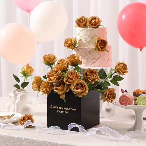 Image of Tifuly 12 PCS Rose Artificial Flower, Single Stem Fake Flowers Bridal Wedding Bouquet, Realistic Blossom Flora for Home Garden Party Hotel Office Decorations (Golden)