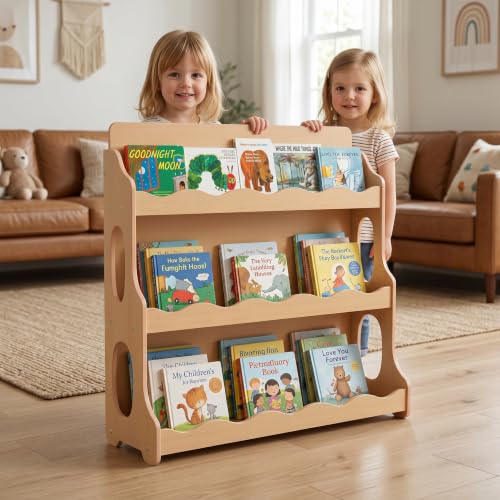 Image of Wood Kids Bookshelf,Maplewood GrainPattern | Dutch Design Scalloped Montessori Toddler Book Shelf 3Tier Wooden Furniture
