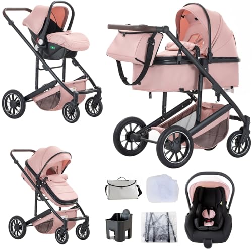 Lnhcrbs Carrito Bebe 3 en 1,Rosa-Conjunto de Silla de Paseo&Silla de Coche,Silla de Paseo Reversible con asa Ajustable,Cesto Para Dormir&Capazo con Cubrepiés,Almohadillas de Algodón Espesas,0-4,22KG