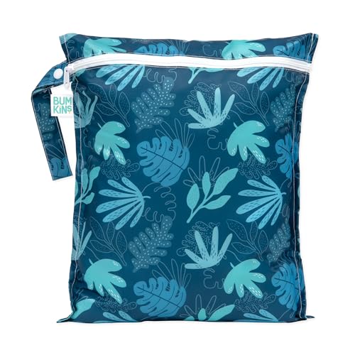 Bumkins Waterproof Wet Bag, Washable, Reusable for Travel, Beach, Pool, Stroller, Diapers, Dirty Gym Clothes, Wet Swimsuits, Toiletries, 12×14 – Blue Tropic