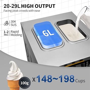 Soft Serve Ice Cream Machine, 18L/H Yield Commercial Ice Cream Maker, 1200W Countertop Soft Serve Ice Cream Maker with LCD Panel Puffing Shortage Alarm for Bars Coffee Shop Restaurant (A126)