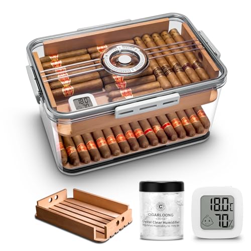 Cigar Humidor Clear Acrylic Humidor Spanish Cedar Shelf Cigar Case Box Portable Airtight Container Holds 80-100 Cigars with Humidifier&Hygrometer Thermometer(Large)