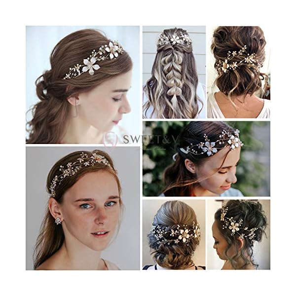 SWEETV Accesorios para el cabello de oro Flor de boda Joyería para el cabello Perlas nupciales Diademas de cristal Tiara - Imagen 8