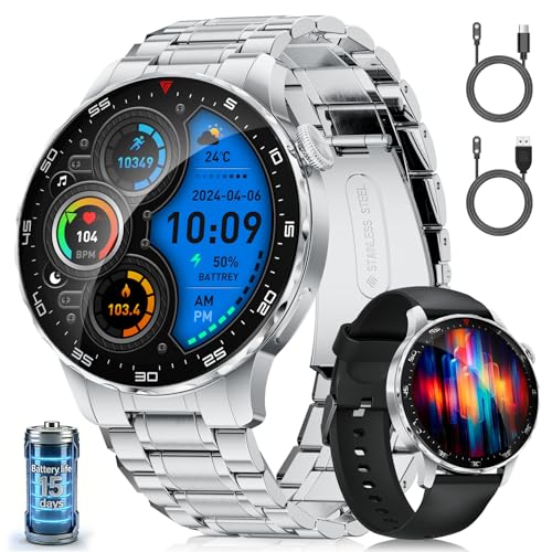 LIGEMI Smartwatch Hombre, 1.43' AMOLED Pantalla Redonda,123 Modos Deportivos,Ritmo Cardíaco Presión Arterial Sueño,Llamadas Bluetooth 5.3,2 Cables de Carga Magnéticos para Android iOS(SML21-D)
