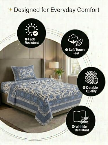 Image of Mafatlal 144 TC Heritage Single Size Flat Bedsheet for Twin Bed (90 x 60 Inches)| with Pillow Cover | Soft & Smooth Printed Bedsheet for Daily Use | Prime Blue