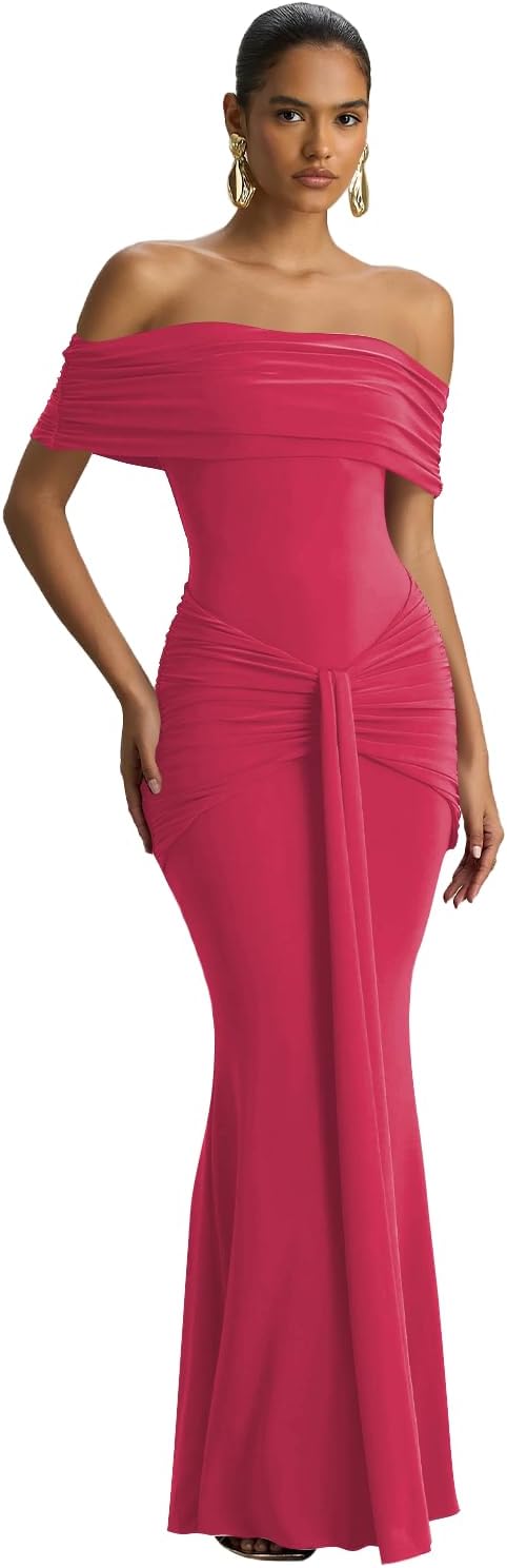 Long Off Shoulder Formal Gowns Plus Size for Teens Mermaid Silk Hot Pink Prom Dress with Tie Pleated Formal Dresses Size 22W