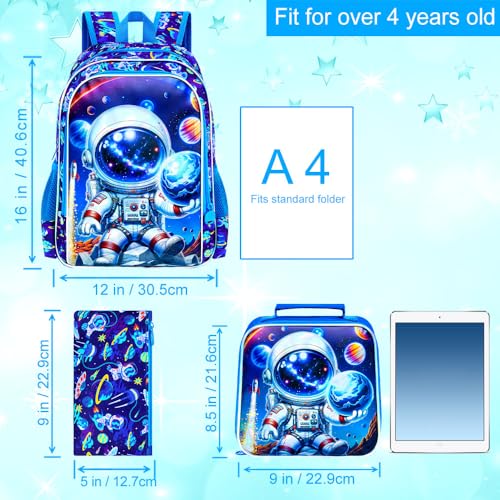 Image of HPJGD 3PCS Space Bookbag for Boys, Water Resistant Kids Backpack Set with Lunch Box, Cool School Bag for Preschool Toddler - Astronaut Holding Earth