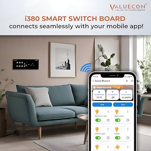 Image of i380 6 modular Smart Wifi Switch Board with 4 Switch,1 Fan,1 Socket, C & A type USB charging ports| App Control, Voice-controlled by Alexa, G. Home, G. Assistant-Black