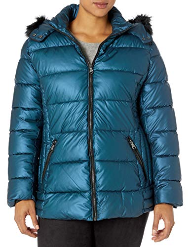 Nanette Lepore Women's Puffer Jacket with Faux Leather, Blue Steel, Medium