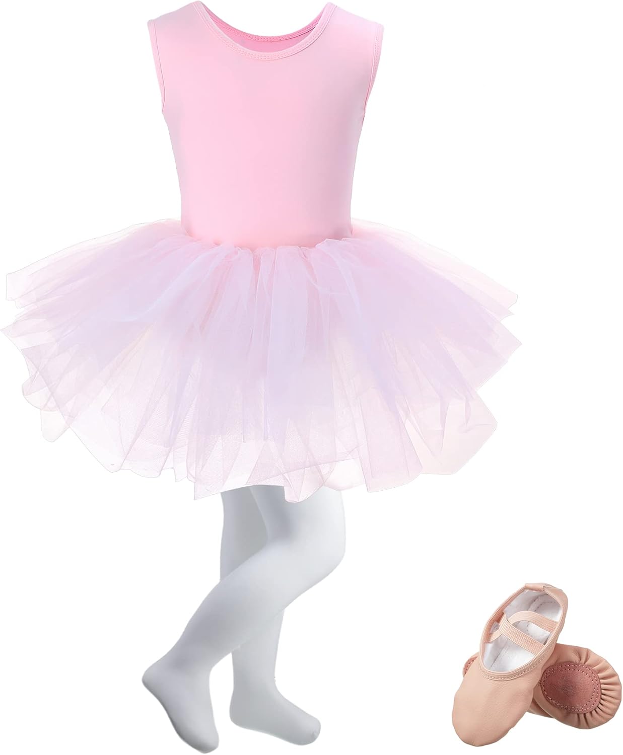 3 Piece Leotard Ballet Set Cute Dance Tutu Dress Pink Ballet Yoga Shoes Soft Dance Tight for Girl's Gymnastics(6-7 Years)