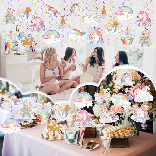 Image of 72 Pcs Unicorn Hanging Swirl Decorations Unicorn Birthday Party Decoration Rainbow Castle Cloud Flower Ceiling Decorations Foil Swirls for Home Office Party Favors Supplies