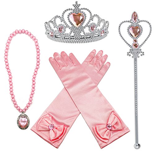 Princess Aurora Dress up Party Accessories Pink 4 Set Gloves, Tiara, Wand and Necklace