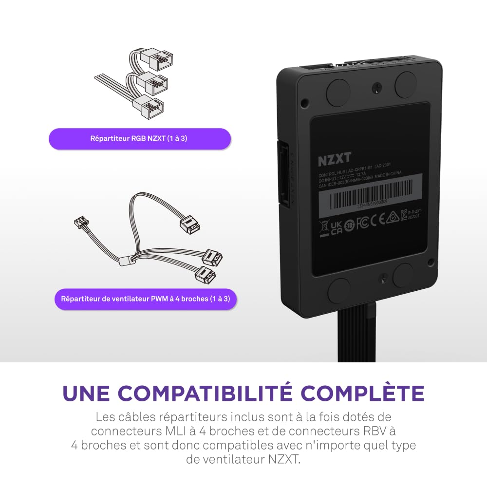 NZXT Centre de commande - Commande numérique de l’éclairage RVB et de la vitesse des ventilateurs MLI - Commande jusqu’à 5 ventilateurs MLI ou 4 à structure unique - Géré par le logiciel CAM de NZXT