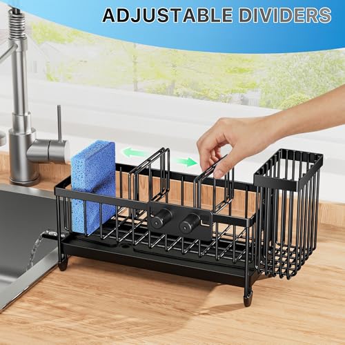 Image of Cisily Sponge Holder for Kitchen Sink, Sink Caddy Organizer with High Brush Holder, Kitchen Countertop Organizers and Storage Essentials, Rustproof 304 Stainless Steel (Black with Smiley Face, 9.25″)