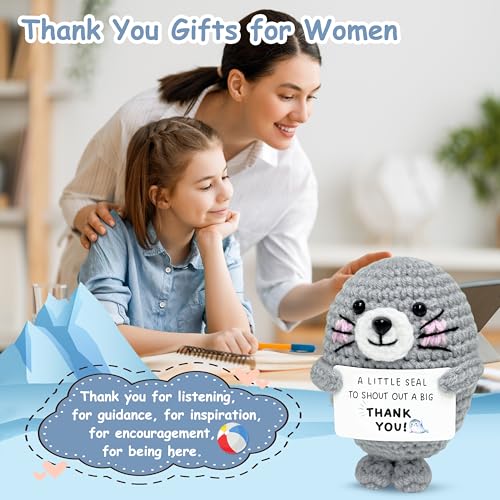 Thank You Gifts for Women - Handmade Emotional Support Crochet Seal with Positive Card Appreciation Gift for Teacher Coworkers Nurses Boss Mentor Funny Desk Decor for Retirement Farewell Mothers Day