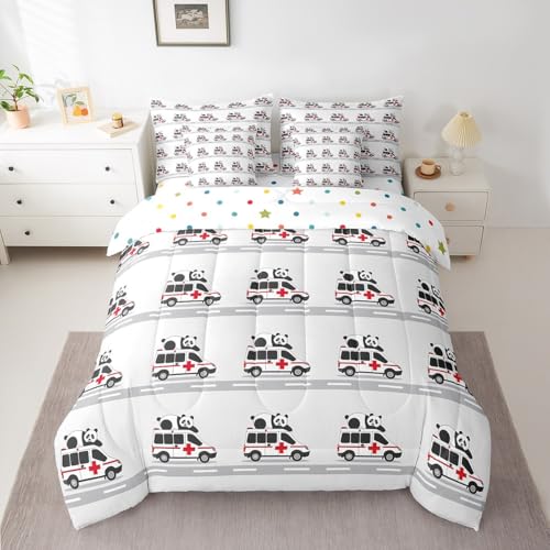 Panda Ambulance 7 Pieces Bedding Set Full Size,Cartoon Medical Vehicles Bed in a Bag,Cute Animal Bed Set Includes Comforter,Sheet Set,Pillowcases & Pillow Covers,Emergency Vehicle Bedroom Decor - Thumbnail 2
