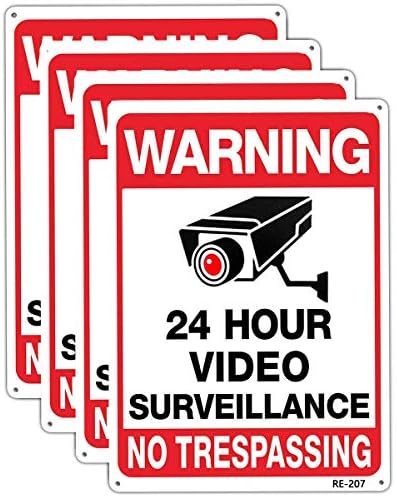 Video Surveillance Signs, 4 Pack, 14 x 10 In Aluminum Security Camera Signs