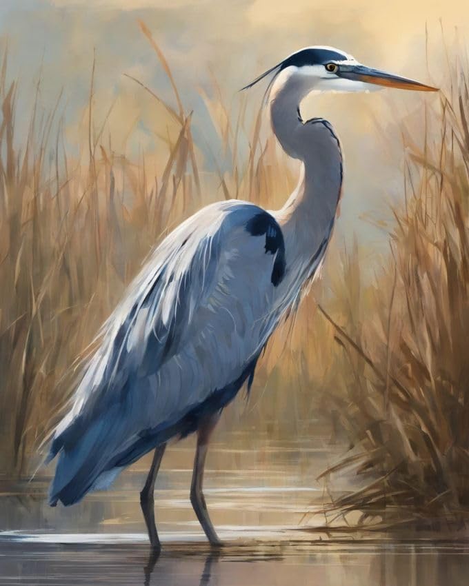 Oil Painting DIY Paint by Numbers for Beginner Great Blue Heron,Reeds Painting by Number Kits Oil Paint Drawing Canvas Home Decor,40x50cm,Without Frame