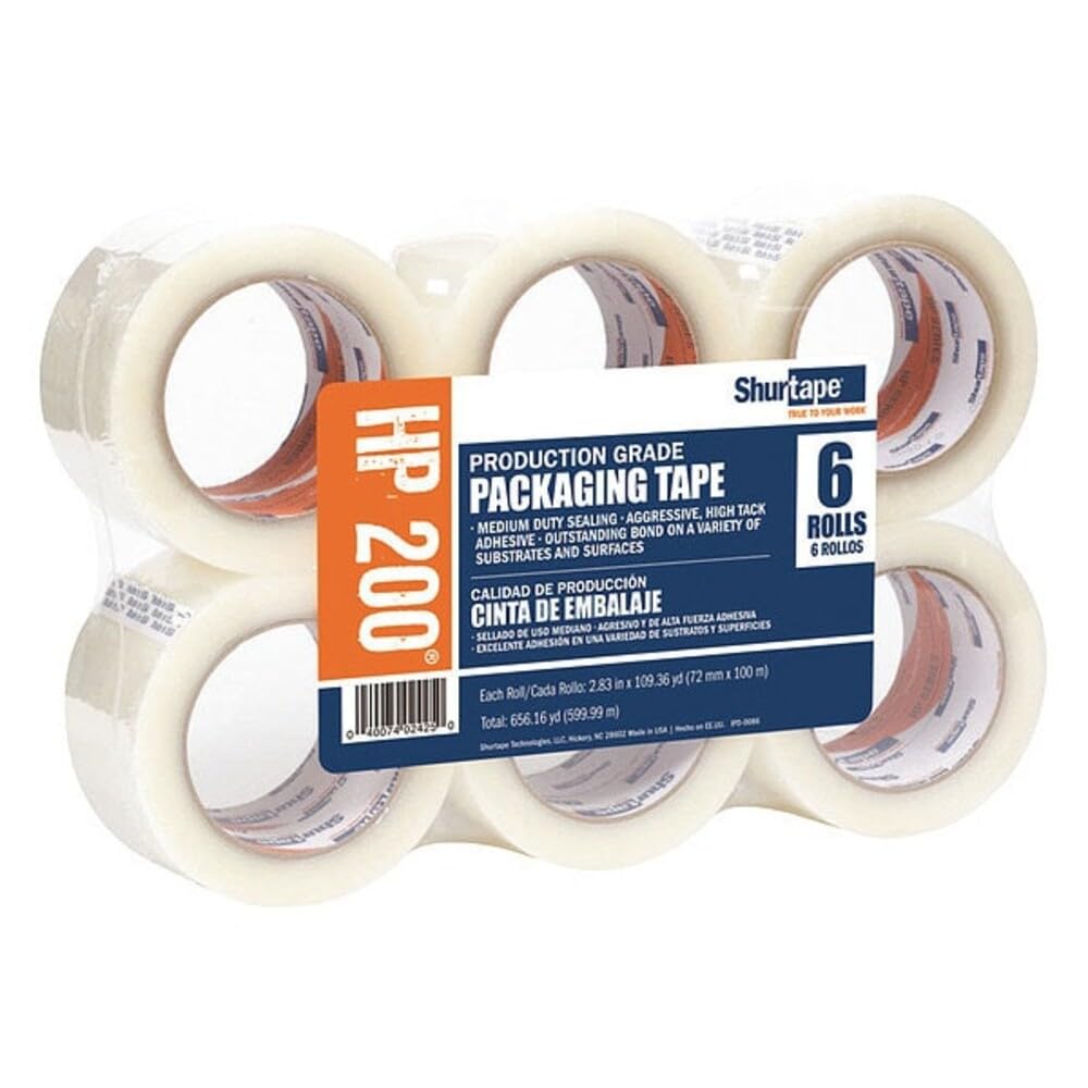 Shurtape HP 200 producción grado Hot Melt embalaje cinta, 48 mm x 100 m, transparente, paquete de 6 rollos (104483)
