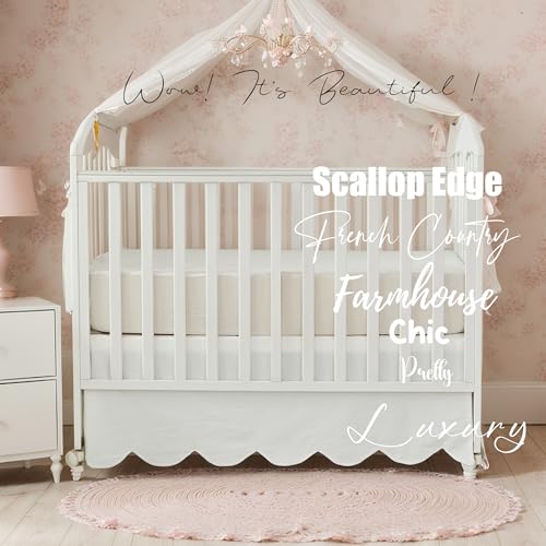 Image of Brandream Scallop Edge Organic Cotton Crib Skirt, Baby Boy, Baby Girl, Gender Neutral Crib Skirt Toddler Bedskirt Farmhouse Chic Nursery Crib Bed Skirt, Boho Bohemian Solid Cream White Skirt