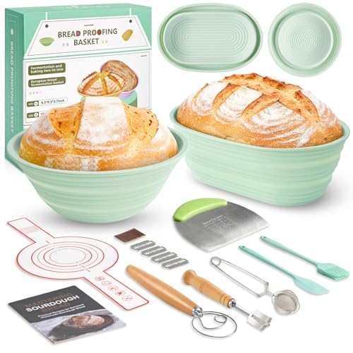 Silicone Sourdough Starter Kit Sourdough Breads Baking Supplies Banneton Bread Proofing Basket Set with 9 Round & 10 val Artisan Bread Baking Tools Silicone Bread Sling