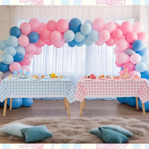 Image of Funnymoom 452 Pcs Gender Reveal Gingham Party Decoration for 50, Pink and Blue Gingham Checkered Paper Plates Napkins Cups Tablecloth Cutlery Straws for Gender Reveal Baby Shower Party Supplies