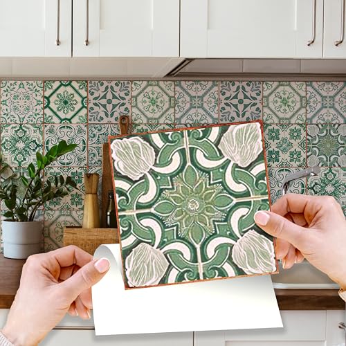 WALPLUS Crédence Adhésive Cuisine 15x15 cm Stickers Carrelage Peler et Coller Carreaux Adhesif Salle de Bain Amovible Vert Vintage Autocollant Carrelage...
