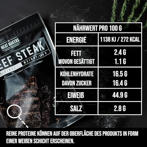 The Meat Makers Original Beef Jerky Steak (200g) - Getrocknetes Rindersteak Proteinreiches Rindfleisch Dörrfleisch Trockenfleisch Für Menschen Trocken Fleisch Beef Jerky Snack.
