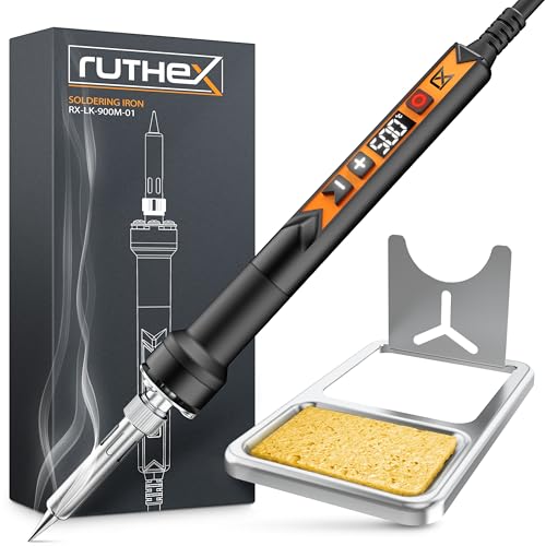 ruthex 900M Lötkolben mit LED-Display - 90W - Temperatur Einstellbar 150~500 - Abkühlphase mit LED Temperaturanzeige - Lötpistole mit 900M Lötspitze inklusive Ablageständer