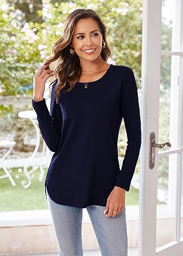 Image of Herou Women's Casual Long /Short Sleeve T Shirt Crewneck with Side Split Fall Pullover Loose Tunic Sweater Tops