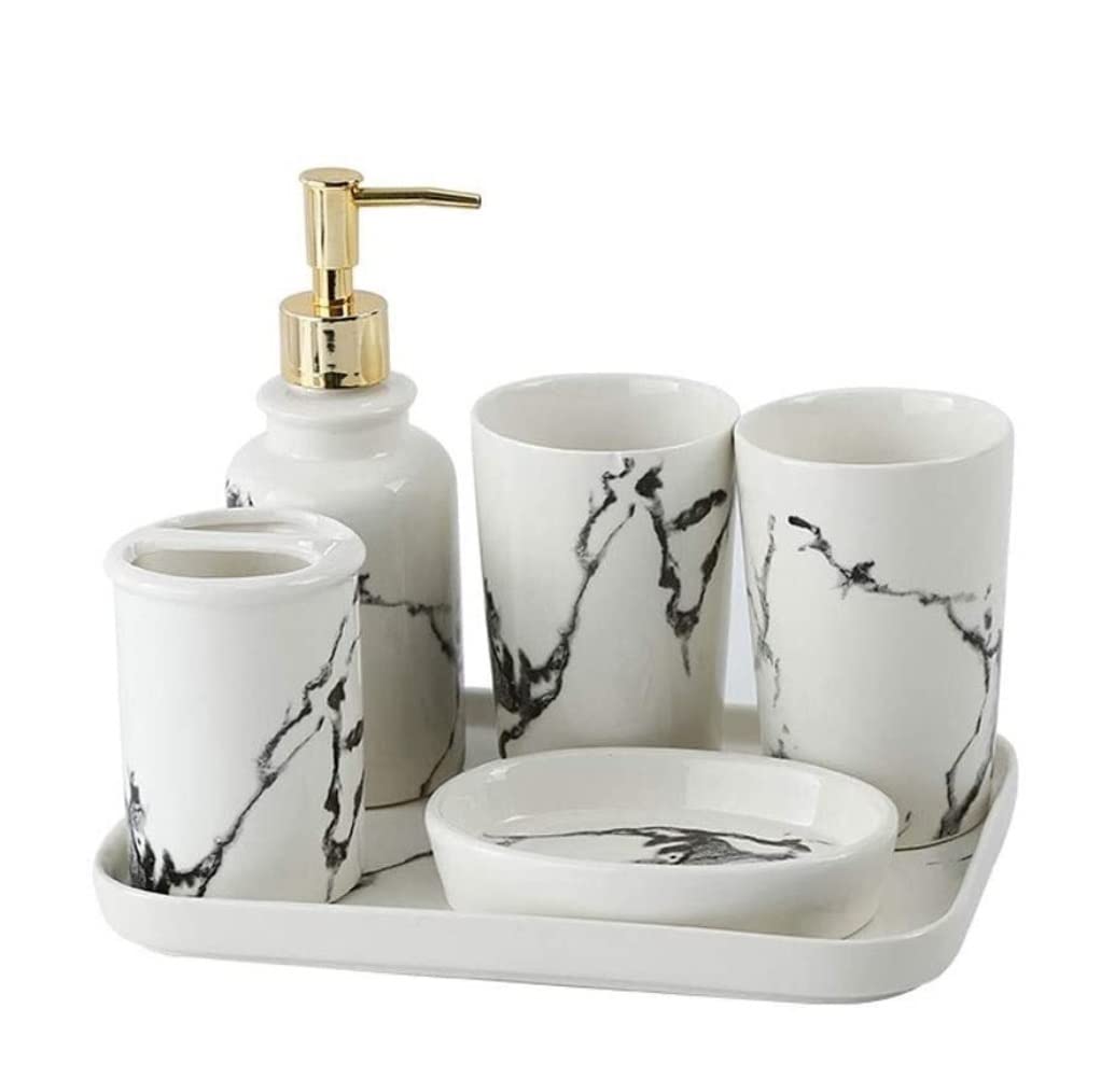 Badezimmer Set Badezimmer-Accessoires-Set Aus Nordischer Keramik Imitation Marmor Zahnbürstenhalter Seifenspender Tasse Seifenschale Dekoration Organizer(White Black,6pcs)