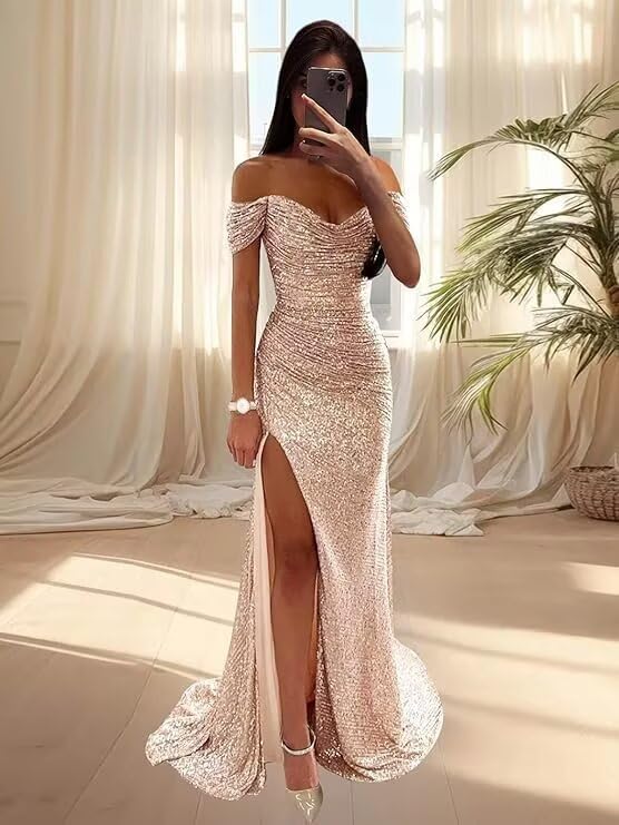 Sequin Prom Dresses for Women Off Shoulder V-Neck Long Ball Gown with Slit Formal Evening Party2