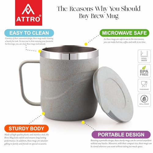Image of ATTRO Brew Mug - Stainless Steel Inner with eco Friendly Outer Body Durable & Stylish, Microwave Safe Coffee /Tea Mug with Handle & Lid, Ideal for Home, Office, Travel & Gifting - 300ml - Pastel Grey