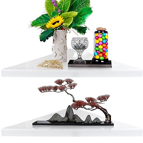 Image of OrganizeMee Black Corner Shelves (Set of 2) | Wall Mounted Display for Living Room, Bedroom, More (Trophy, TV, Plants)