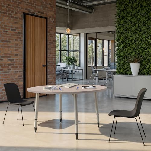 Image of Adapte Commercial Classroom Activity Table - 48 inch Round Woodgrain, ADA Compliant Tapered Legs with Glides & Casters, Adjustable Height 22-34 inch Wheelchair Accessible, School & Office Furniture