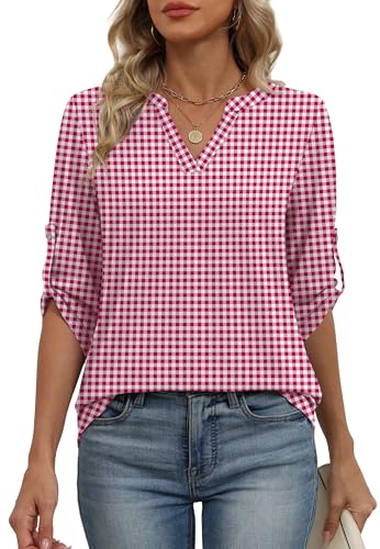Image of XIEERDUO 3 /4 Length Sleeve Womens Tops V Neck T Shirts Both Side Buttons Blouses Business Casual Outfits Loose Fit