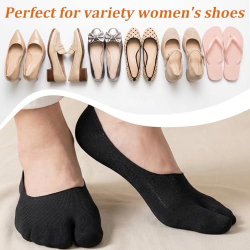WJIAAA Tabi Socks for Women, 4 Pairs Ice Silk No Show Flip Flop Socks, 2 Black+2 Flesh Color Japan Split Toe Non Slip Low Cut Sock With Anti-Slip Rubber Strips for Loafers Sandals Sneaker