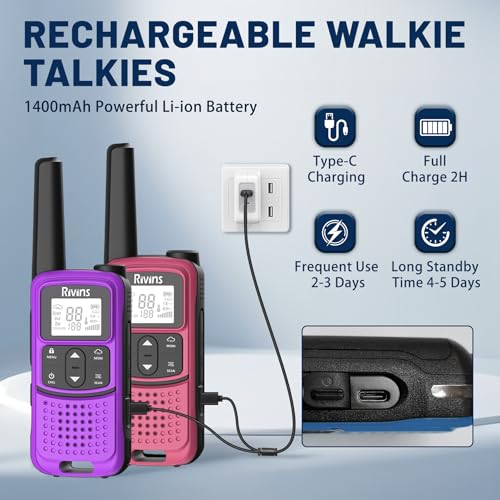 Radios Walkie Talkies Long Range: Rivins F22 Rechargeable Walkie Talkies for Adults, NOAA, 1400mAh Li-ion Battery USB-C Cable, LED Flashlight, VOX FRS Two Way Radio for Hiking Hunting, Camping, 4 Pack - Image 4